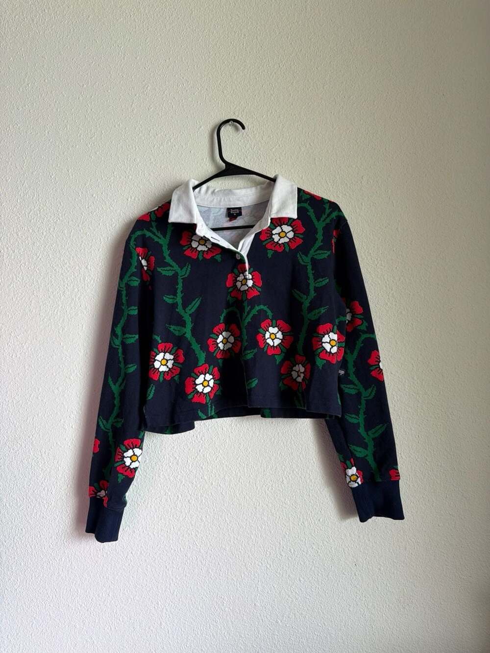 Rowing Blazers Navy Floral Rose Cropped Rugby Polo Shirt Size L
